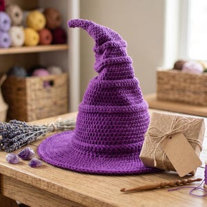 Whimsical Witch Hat Crochet Pattern, Textured Ridges, Wire Brim (PDF Pattern)