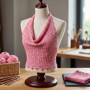 May include: A pink crochet halter top with a cowl neckline and a scalloped hem, displayed on a mannequin. Beside it sits a wicker basket filled with pink yarn balls, several wooden crochet hooks, and a folded piece of pink crochet fabric.