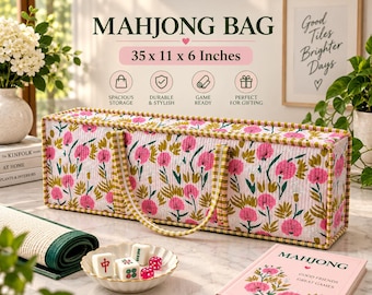 May include: A rectangular quilted mahjong bag featuring a pink and green floral pattern with a yellow and white checkered trim. The bag measures 35 x 11 x 6 inches and includes two matching fabric handles for carrying the game set.