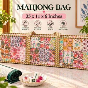 May include: A rectangular Mahjong bag with a floral patchwork pattern in pink, orange, green, and white. The bag features two handles and measures 35 x 11 x 6 inches. Text on the bag reads Mahjong Bag, 35 x 11 x 6 Inches, Spacious Storage, Durable & Stylish, Game Ready, and Perfect for Gifting.
