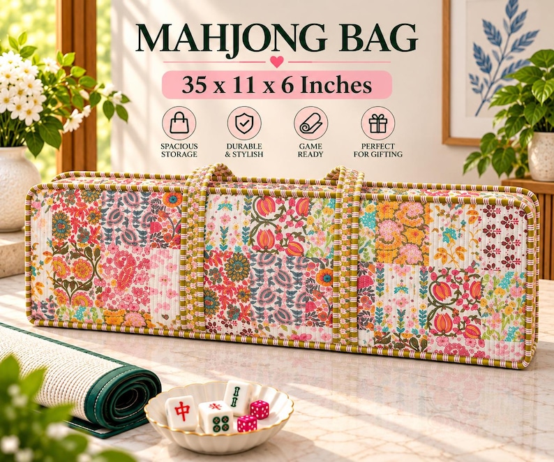 May include: A rectangular Mahjong bag with a floral patchwork pattern in pink, orange, green, and white. The bag features two handles and measures 35 x 11 x 6 inches. Text on the bag reads Mahjong Bag, 35 x 11 x 6 Inches, Spacious Storage, Durable & Stylish, Game Ready, and Perfect for Gifting.