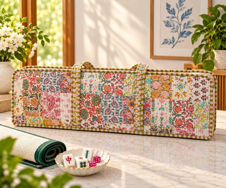 May include: A rectangular, quilted fabric carrying case featuring a vibrant patchwork of floral patterns in pink, orange, green, and blue. The case has two handles and green and white striped trim. Nearby sits a small bowl with mahjong tiles and dice.