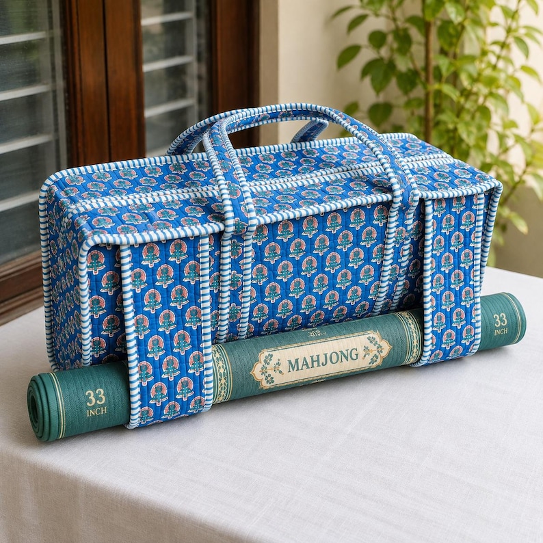 Quilted Mahjong Tote Bag, Botanical Print, Travel Case (22