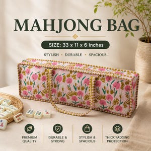 May include: A rectangular Mahjong bag with a pink floral pattern on a light background, featuring green leaves and stems. The bag has a zippered top, two fabric handles, and measures 33 x 11 x 6 inches. The text MAHJONG BAG is visible above.
