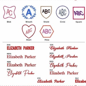 May include: A collection of embroidery design options featuring various shapes including a blob, wreath, shield, circle, square, heart, and hexagon with monogram letters. Below are multiple font styles for the name Elizabeth Parker.