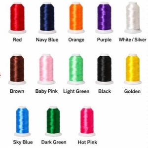 May include: A collection of thirteen cylindrical spools of embroidery thread arranged in three rows. The colors include red, navy blue, orange, purple, white/silver, brown, baby pink, light green, black, golden, sky blue, dark green, and hot pink.