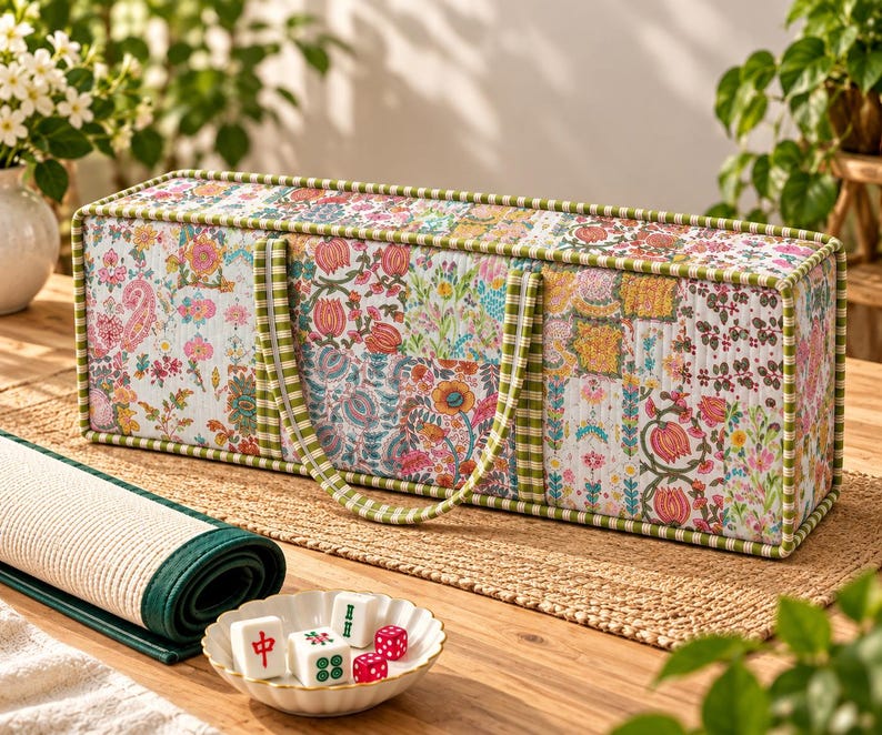 May include: A rectangular quilted fabric storage case featuring a colorful floral pattern with green and white gingham trim and two matching handles. Beside it sits a rolled green and white mat and a small white bowl containing mahjong tiles.