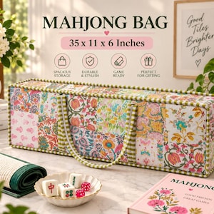 May include: A rectangular mahjong bag featuring a multi-colored floral patchwork pattern with green and white striped trim and handles. The bag is labeled with the text MAHJONG BAG and dimensions of 35 x 11 x 6 Inches, including four circular icons.