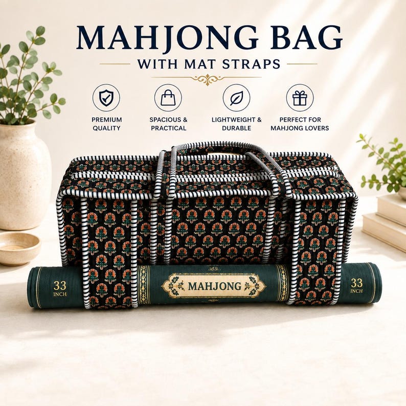 Quilted Mahjong Tote Bag, Botanical Print, Travel Case (22