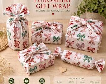 May include: A set of five fabric gift wraps featuring a repeating pattern of red and green plaid bows on a light background. The items are tied in various styles, including cylindrical and rectangular shapes, with text indicating size options in cm.