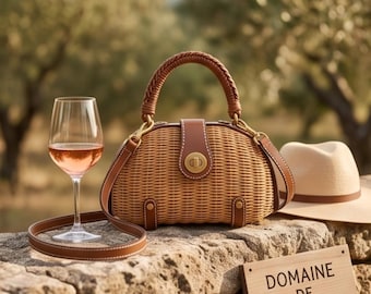 Handmade Wicker Basket Bag, French Vintage Leather Straw Crossbody Purse, Cottagecore Picnic Handbag, Summer Beach Shell Tote, Gift for Her