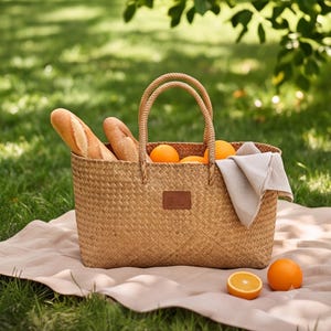 Handwoven French Seagrass Tote Bag, Vintage Cottagecore Picnic Market Basket with Leather Patch, Large Rustic Summer Beach Shopper Tote