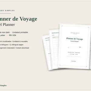 Peut inclure: Un ensemble de planificateur de voyage numérique avec des pages blanches et du texte noir. La page de couverture affiche le titre Planner de Voyage Travel Planner. L'ensemble comprend onze pages bilingues aux formats A4 et US Letter.