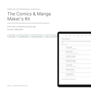 Peut inclure: Un modèle numérique pour reMarkable Paper Pro intitulé The Comics & Manga Maker's Kit. Il comprend 257 pages, 6 étapes guidées et 84 pages de mise en page. L'écran affiche une interface de parcours de projet avec des étapes numérotées.