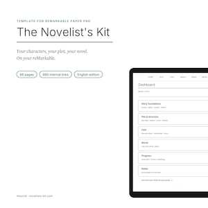 Plantilla reMarkable Paper Pro, kit para escribir novelas, fichas de personajes, estructura narrativa, PDF con hipervínculos, 86 páginas, descarga instantánea.