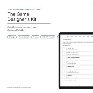 Peut inclure: Un modèle numérique pour reMarkable Paper Pro intitulé The Game Designer's Kit. Il comprend 214 pages, 6 étapes guidées et 96 grilles pour les utilisateurs droitiers et gauchers. L'écran affiche un menu Your journey avec des étapes numérotées.