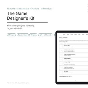 Peut inclure: Un modèle numérique pour reMarkable 2 intitulé The Game Designer's Kit. Il comprend 214 pages, 6 étapes guidées et 96 grilles. L'écran affiche une interface Your journey avec des étapes numérotées pour la conception de jeux, incluant les règles.