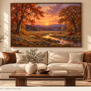 Könnte beinhalten: Ein rechteckiger Wandkunstdruck mit einem Sonnenuntergang über einem Fluss, der durch ein Tal mit herbstlichen Bäumen in Orange- und Goldtönen fließt. Die Szene zeigt Hügel in der Ferne und felsige Ufer. Text: DIGITAL DOWNLOAD / FRAME NOT INCLUDED.