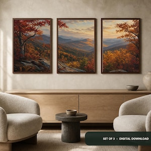 May include: A set of three framed landscape prints featuring autumn mountain vistas with orange and red foliage, rocky foregrounds, and sunset skies. The text "SET OF 3 • DIGITAL DOWNLOAD" is displayed in a dark rectangular box at the bottom.