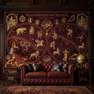 Vintage Celestial Map Wall Mural, Burgundy Gold Constellation Art, Dark Academia Decor