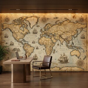 May include: A large wall mural featuring a vintage-style world map with sepia tones, detailed coastlines, and illustrations of sailing ships. The map includes compass roses and text labels for major oceans and continents on a parchment-like background.