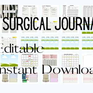 May include: Editable printable surgical journal with a black and white cover featuring a birch tree design. The title "SURGICAL JOURNAL" is in bold black text. The journal includes pages for pre-op checklists, medical expenses, daily logs, and more.  The text "Editable Instant Download" is at the bottom of the image.