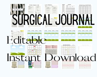 May include: Editable printable surgical journal with a black and white cover featuring a birch tree design. The title "SURGICAL JOURNAL" is in bold black text. The journal includes pages for pre-op checklists, medical expenses, daily logs, and more.  The text "Editable Instant Download" is at the bottom of the image.