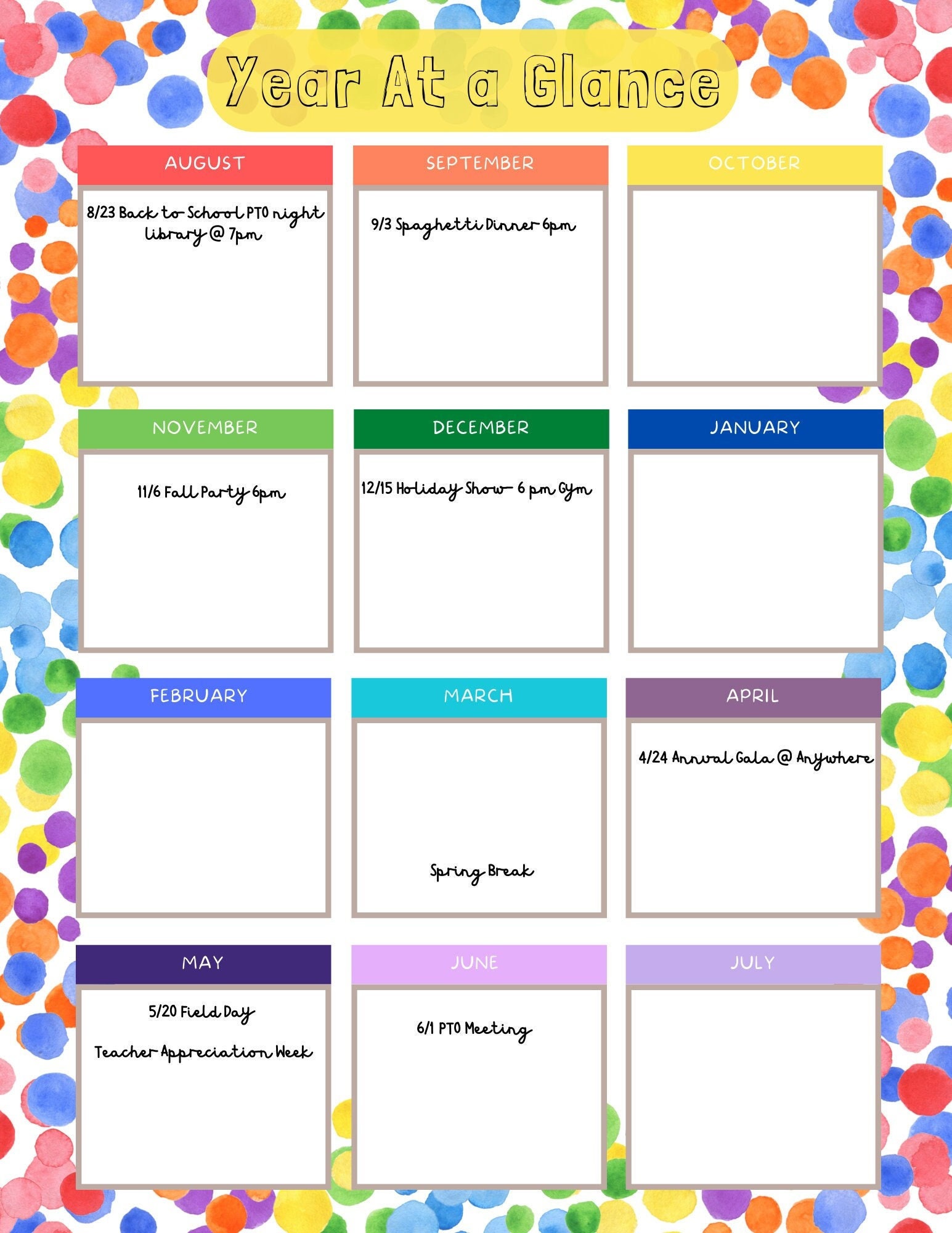 Editable Instant Download Year at a Glance, School Year at a Glance 