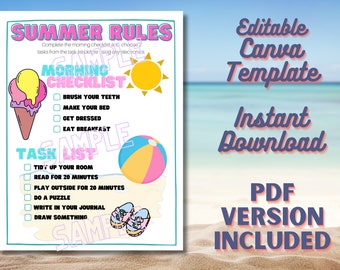 Summer Rules PDF and Editable Canva Template, Summer vacation ideas, Summer Routine, Summer Chores