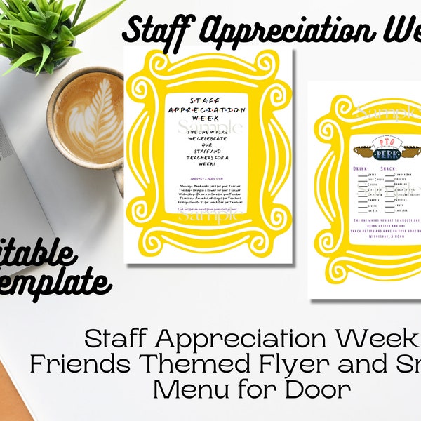 Friends Staff Appreciation Week Flyer and Door Menu, Teacher Appreciation Week, PTO PTA Handout, Teacher Gifts