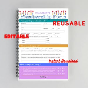 PTO PTA Membership Form Template-Editable, Instant Digital Download