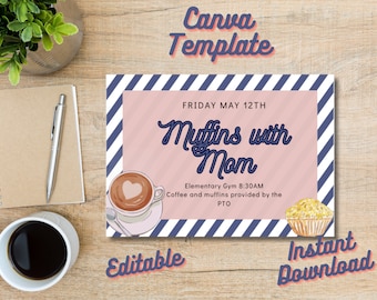 Muffins with Mom 7x5 Instant Download, Print at Home, Editable Invite
