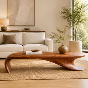 Sculptural Wood Coffee Table, Organic Modern Curved Walnut Coffee Table, Japandi Minimalist Living Room Center Accent Table