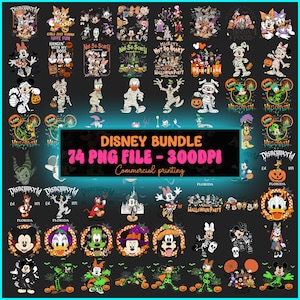 Pode incluir: Uma coleção digital de 74 ilustrações de personagens da Disney com tema de Halloween em formato PNG. Os gráficos apresentam vários personagens fantasiados, incluindo múmias, esqueletos e bruxas, com textos como Disneyworld e Halloween Party.