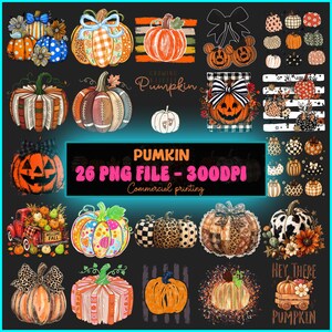 Puede incluir: Una colección digital de 26 archivos PNG con temática de calabazas que presenta varios estilos artísticos, incluyendo cuadros, estampado de leopardo, flores y diseños en forma de libro, con los textos Growing Little Pumpkin, PUMKIN y HEY THERE PUMPKIN.