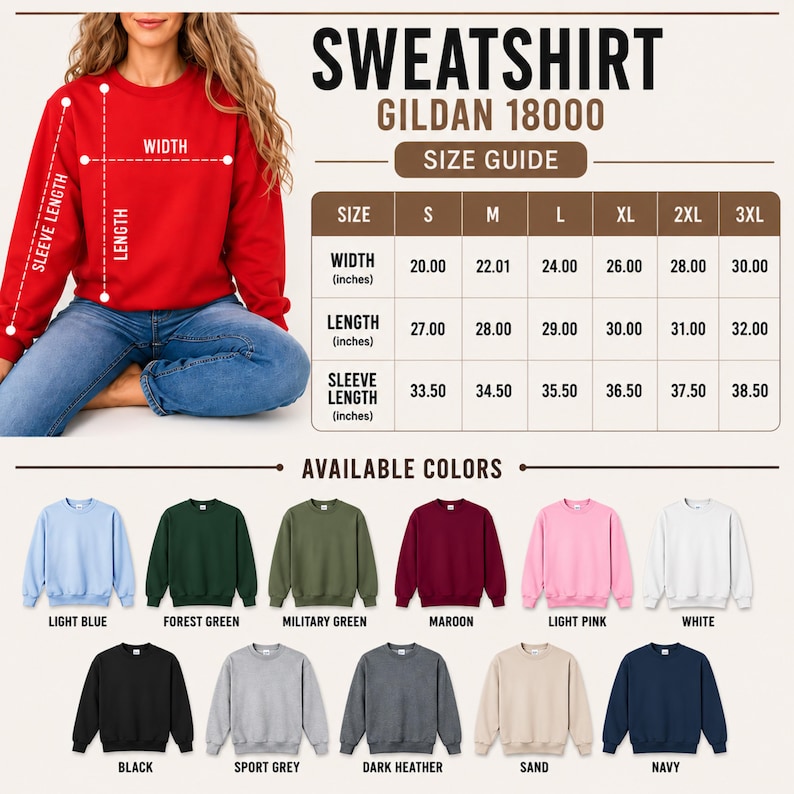May include: A red sweatshirt with a size guide chart for the Gildan 18000 model, displaying width, length, and sleeve length in inches for sizes S to 3XL. Below, a color palette shows twelve available sweatshirt colors including light blue, forest green, military green, maroon, light pink, white, black, sport grey, dark heather, sand, and navy.