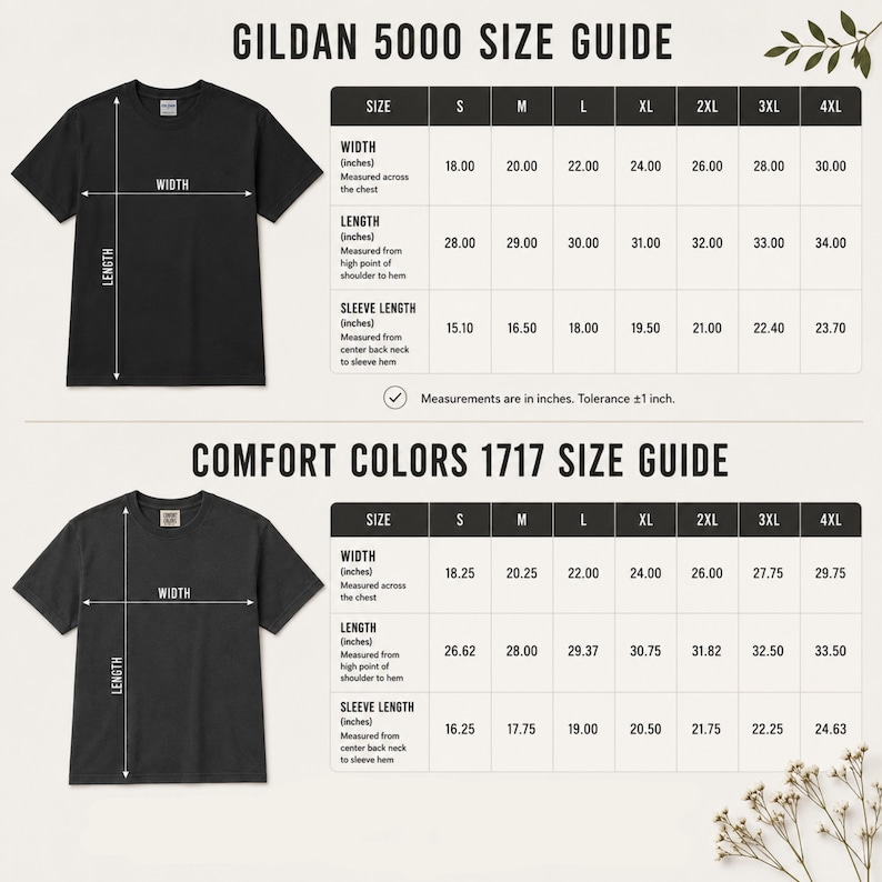 May include: A size guide for Gildan 5000 and Comfort Colors 1717 t-shirts. The image displays two black t-shirts with white diagrams indicating width, length, and sleeve length, alongside detailed tables listing measurements in inches for sizes S to 4XL.