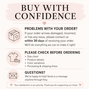 May include: An informational graphic with a light pink background and dark brown text. The header reads BUY WITH CONFIDENCE. Three sections follow: PROBLEMS WITH YOUR ORDER, PLEASE CHECK BEFORE ORDERING, and QUESTIONS, each with a corresponding icon.