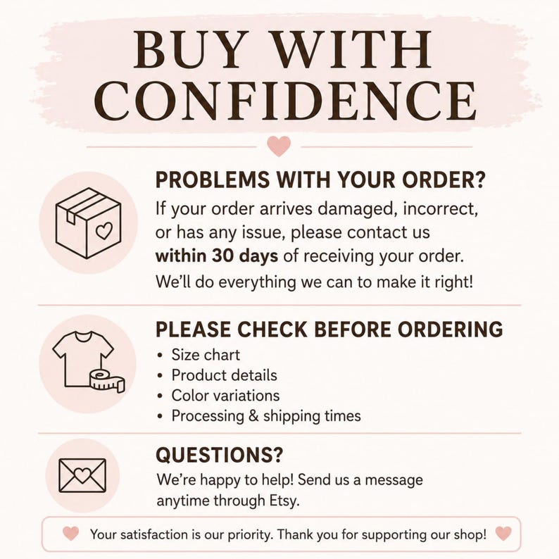 May include: An informational graphic with a light pink background and dark brown text. The header reads BUY WITH CONFIDENCE. Three sections follow: PROBLEMS WITH YOUR ORDER, PLEASE CHECK BEFORE ORDERING, and QUESTIONS, each with a corresponding icon.