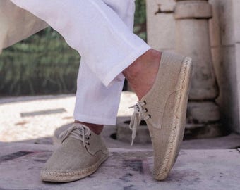 Beige linnen espadrilles met vetersluiting voor heren | Handgemaakte Spaanse alpargatas, zomerschoenen