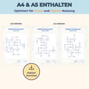 May include: A digital download featuring math crossword puzzles in A4 and A5 formats. The pages include the text A4 & A5 ENTHALTEN, Optimiert f&uuml;r Druck und digitale Nutzung, Mathe-Kreuzwort, R&auml;tsel, and Zeit: min. The layout shows three puzzle grids.