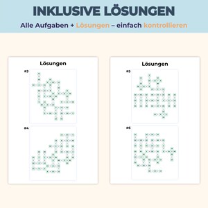 May include: A document titled INKLUSIVE L&Ouml;SUNGEN featuring four math puzzle answer keys labeled #3, #4, #5, and #6. Each section displays a grid of small green boxes containing numbers and mathematical operators arranged in crossword-style patterns.