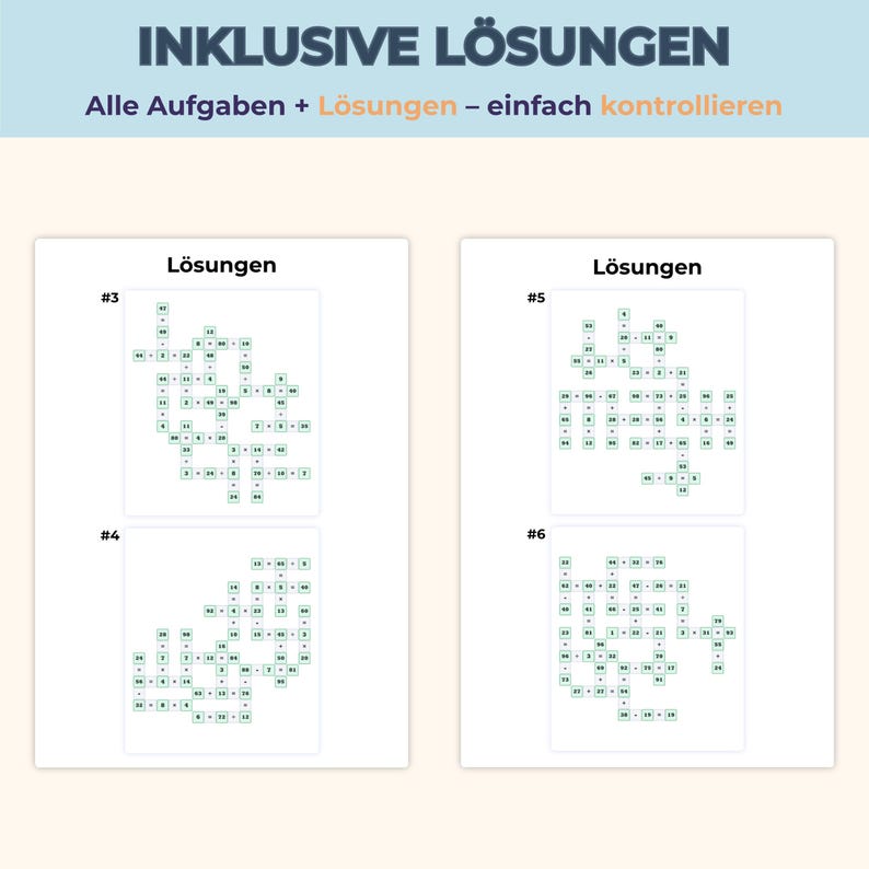 May include: A document titled INKLUSIVE L&Ouml;SUNGEN featuring four math puzzle answer keys labeled #3, #4, #5, and #6. Each section displays a grid of small green boxes containing numbers and mathematical operators arranged in crossword-style patterns.