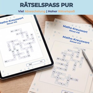 May include: A digital tablet displaying a math crossword puzzle labeled Mathe-Kreuzwort R&auml;tsel #10, alongside printed sheets of math puzzles titled Mathe-Kreuzwort R&auml;tsel #17 and #18. The text R&Auml;TSELSPASS PUR and Viel Abwechslung | Hoher R&auml;tselspa&szlig; appear above.