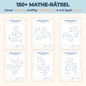 May include: A collection of six rectangular math puzzle cards titled Mathe-Kreuzwort with various numbered puzzles. The top text reads 150+ MATHE-R&Auml;TSEL and Clever rechnen, knifflig kombinieren & mit Spa&szlig; lernen. Each card features a grid of math equations.