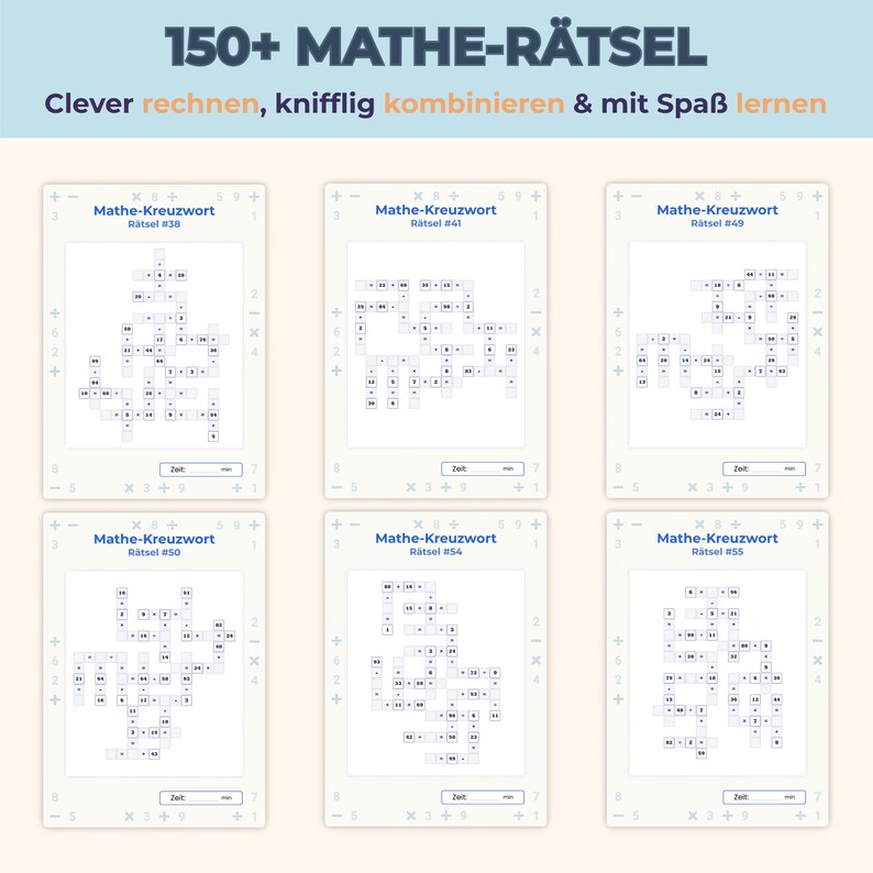 May include: A collection of six rectangular math puzzle cards titled Mathe-Kreuzwort with various numbered puzzles. The top text reads 150+ MATHE-R&Auml;TSEL and Clever rechnen, knifflig kombinieren & mit Spa&szlig; lernen. Each card features a grid of math equations.