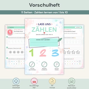 May include: A preschool workbook titled Lass uns zählen with 11 pages for learning numbers 1 through 10. The cover features pastel watercolor accents, rocket illustrations, and the numbers 1, 2, and 3 in green, pink, and blue. Includes sections for tracing, coloring, and finding numbers.