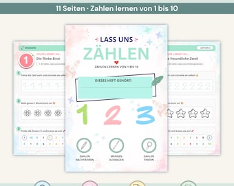 May include: A preschool workbook titled Lass uns zählen with 11 pages for learning numbers 1 through 10. The cover features pastel watercolor accents, rocket illustrations, and the numbers 1, 2, and 3 in green, pink, and blue. Includes sections for tracing, coloring, and finding numbers.