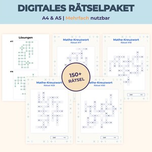 May include: A digital puzzle pack featuring multiple pages of math crossword puzzles labeled Mathe-Kreuzwort, including solution sheets. A central circular badge displays the text 150+ R&Auml;TSEL. The pages include arithmetic equations and time tracking fields.