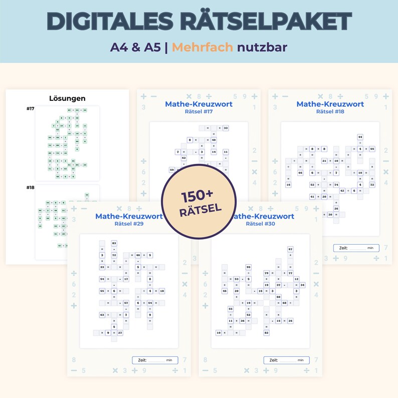 May include: A digital puzzle pack featuring multiple pages of math crossword puzzles labeled Mathe-Kreuzwort, including solution sheets. A central circular badge displays the text 150+ R&Auml;TSEL. The pages include arithmetic equations and time tracking fields.
